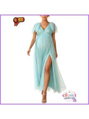Maternity Maxi Dress V-Neck Spaghetti Strap Side Slit Gown